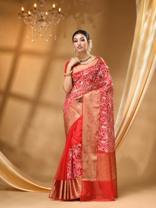 RED Pattu Silk Saree with All Over Beautiful Floral Jacquard Weave Design PREMIUM CHIKANKARI SAREE