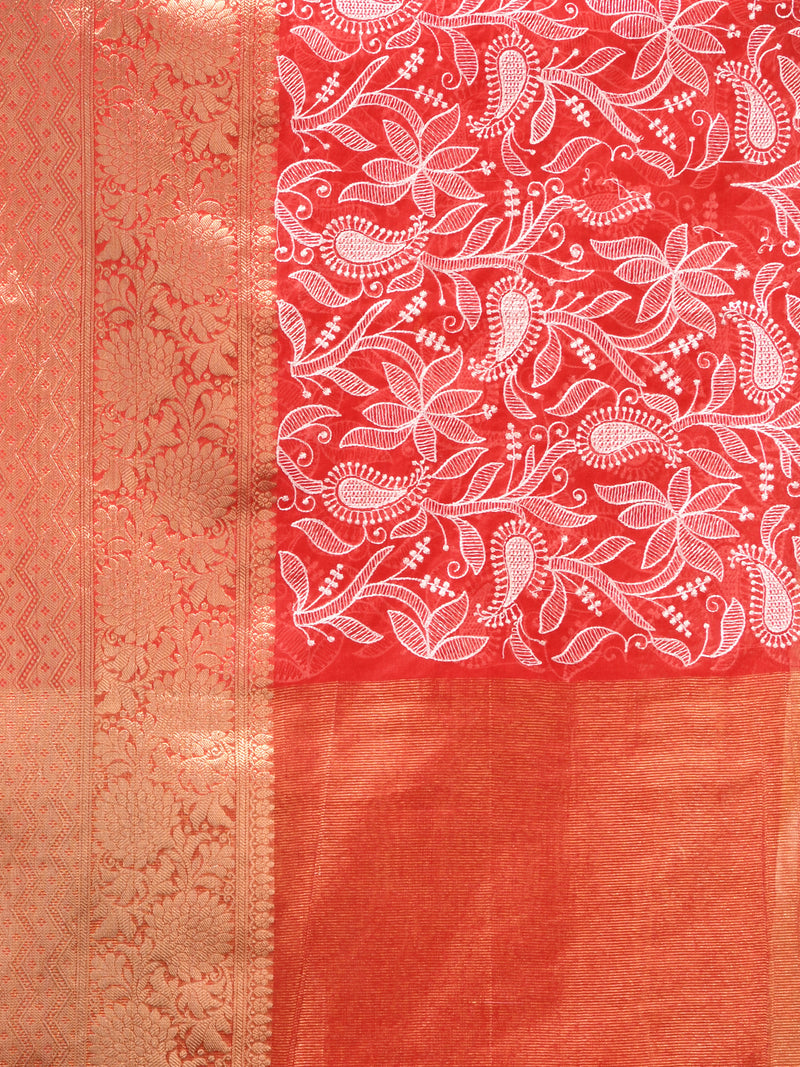 RED Pattu Silk Saree with All Over Beautiful Floral Jacquard Weave Design PREMIUM CHIKANKARI SAREE