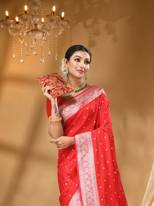 HANDLOOM KATAN SILK RED  SAREE WITH All Over Beautiful Floral Jacquard Weave Design