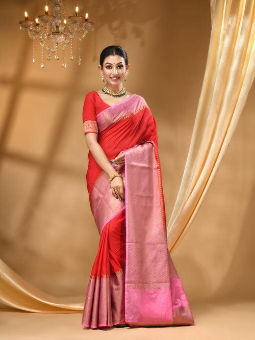 WARM SILK SAREE RED  WITH PINK  All Over Beautiful Floral Jacquard Weave Design
