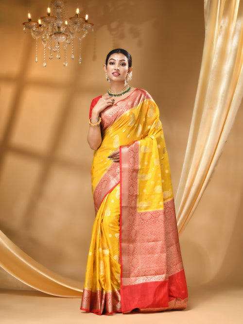 BANARSI GEORGETTE SAREE GOLD  WITH RED  All Over Beautiful Floral Jacquard Weave Design