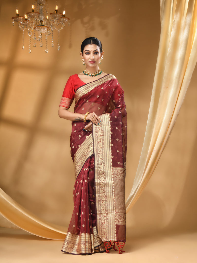 ORGANZA SILK SAREE  MAROON WITH All Over Beautiful Floral Jacquard Weave Design