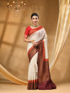 3D DUPPION SILK SAREE  WHITE WITH MAROON  All Over Beautiful Floral Jacquard Weave Design
