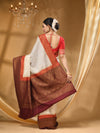 3D DUPPION SILK SAREE  WHITE WITH MAROON  All Over Beautiful Floral Jacquard Weave Design