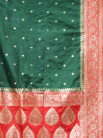 HANDLOOM KATAN SILK BOTTLE GREEN  WITH RED All Over Beautiful Floral Jacquard Weave Design