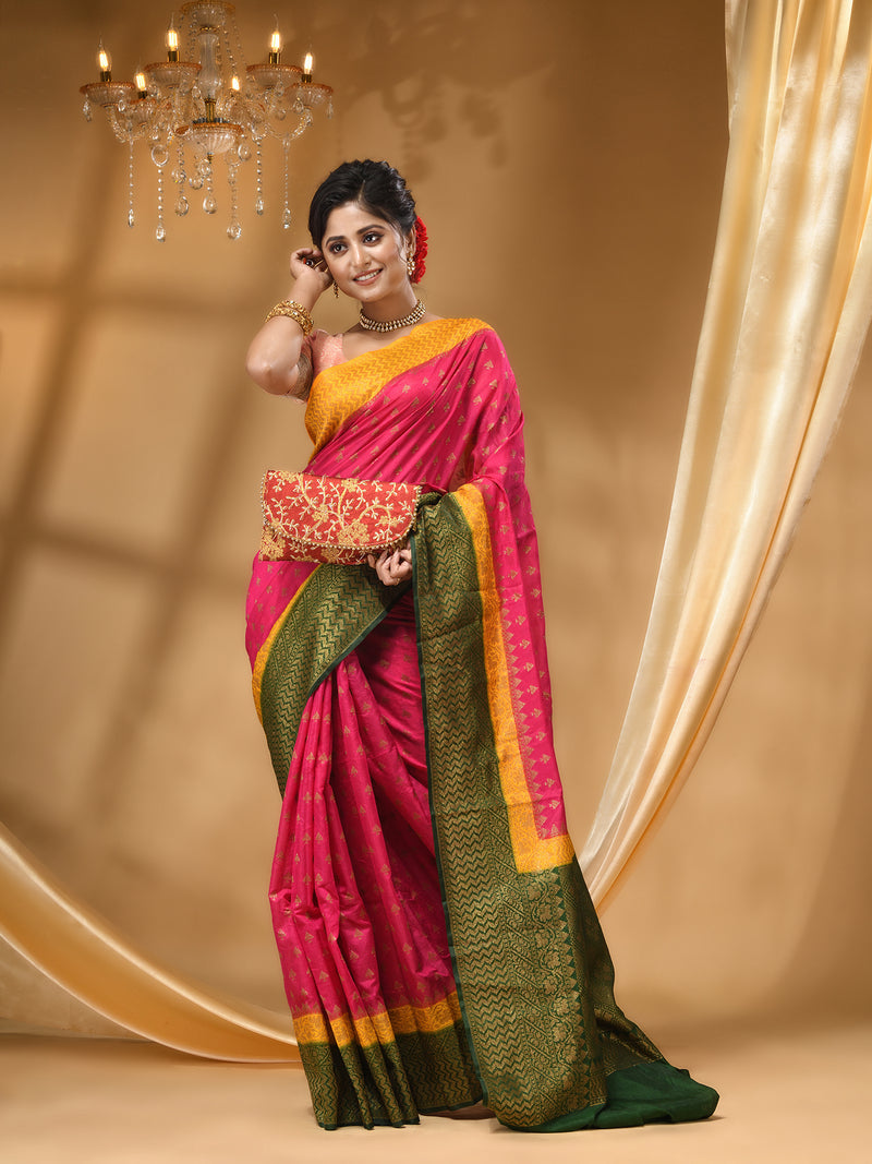 3D DUPPION SILK RANI PINK SAREE WITH All Over Beautiful Floral Jacquard Weave Design