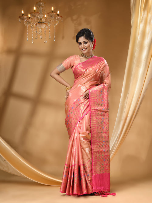 ORGANZA SILK PEACH  SAREE WITH All Over Beautiful Floral Jacquard Weave Design