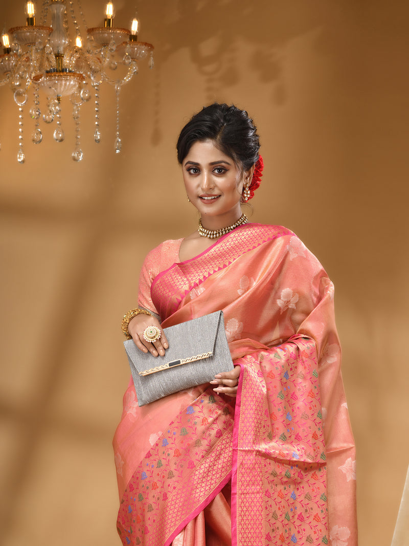 ORGANZA SILK PEACH  SAREE WITH All Over Beautiful Floral Jacquard Weave Design