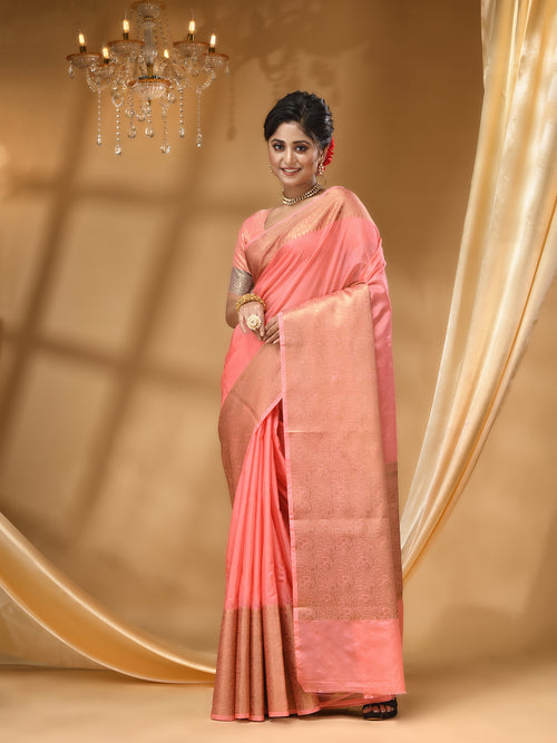 WARM SILK  PEACH SAREE WITH All Over Beautiful Floral Jacquard Weave Design
