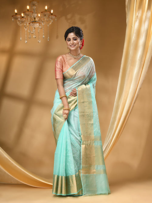 DESIGNER BOLLYWOOD SEA GREEN SAREE WITH All Over Beautiful Floral Jacquard Weave Design