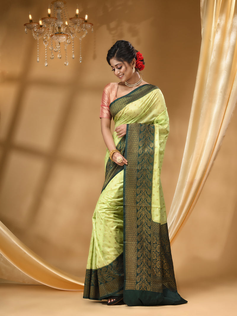 3D DUPPION SILK PISTA GREEN SAREE WITH All Over Beautiful Floral Jacquard Weave Design
