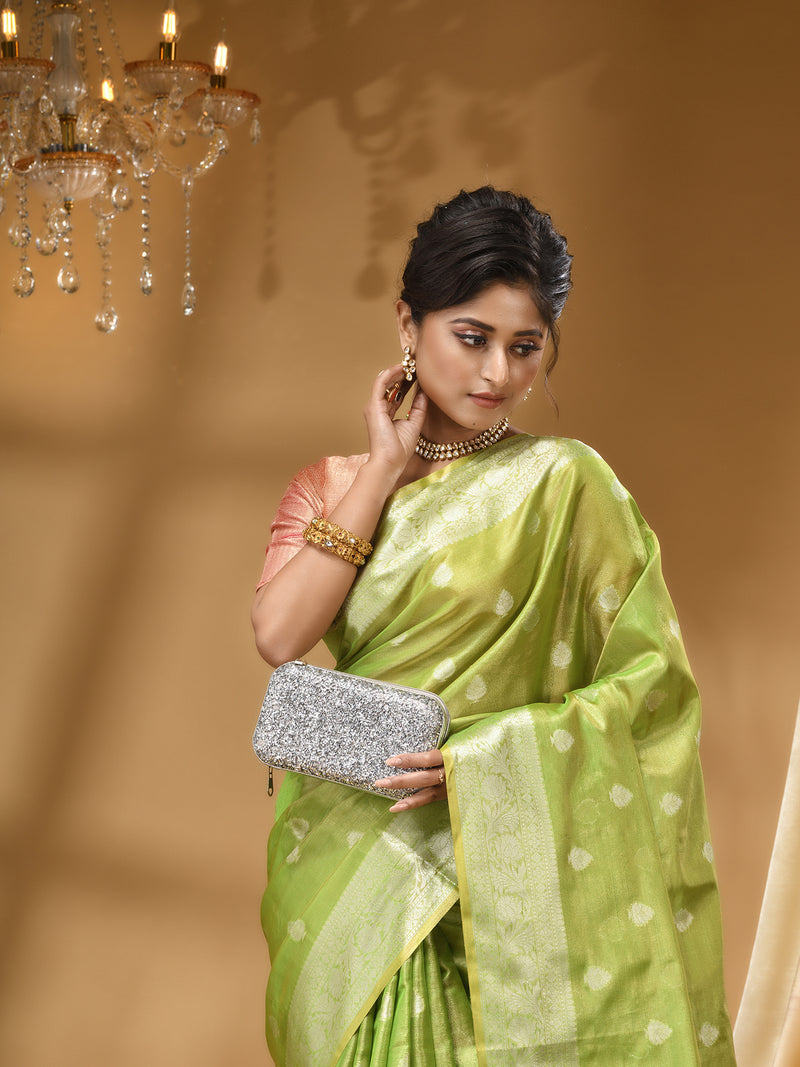 ORGANZA SILK GREEN SAREE WITH All Over Beautiful Floral Jacquard Weave Design