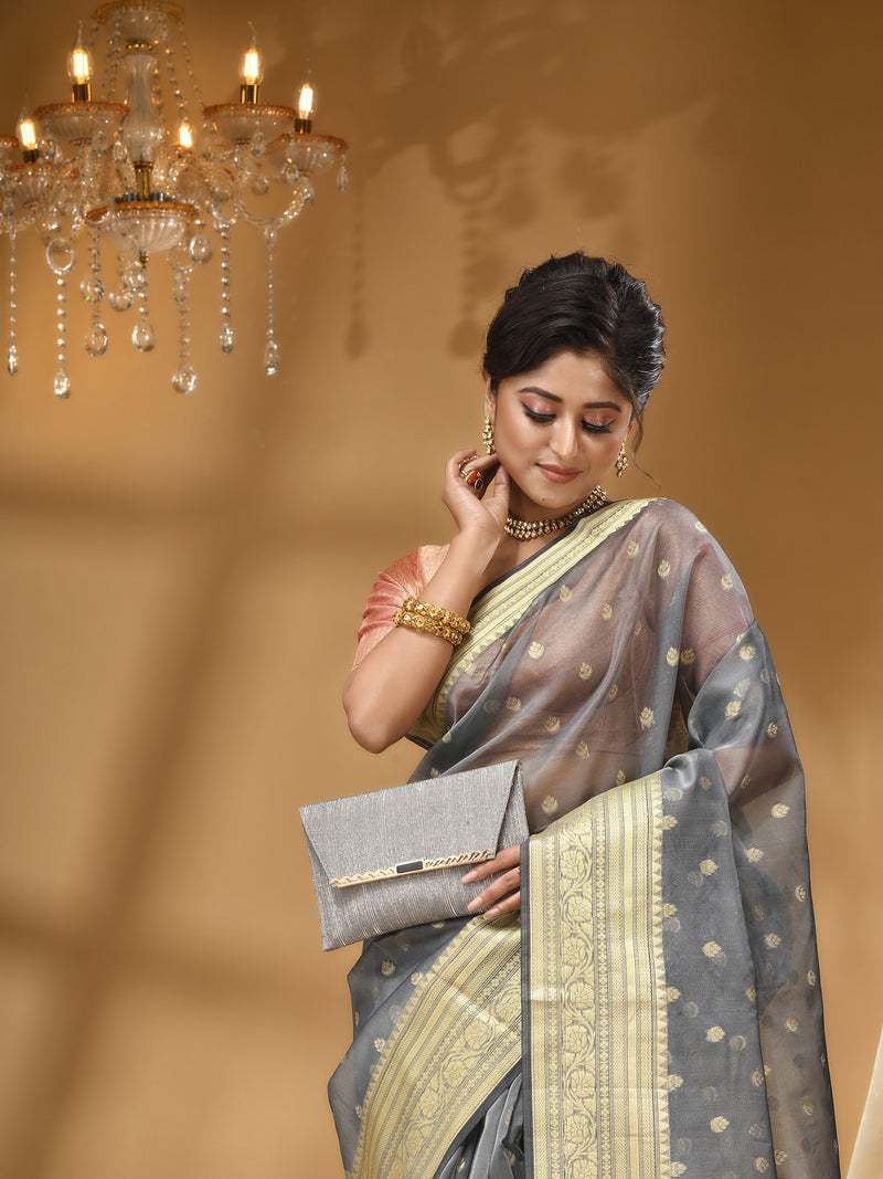 ORGANZA SILK GREY  SAREE WITH All Over Beautiful Floral Jacquard Weave Design