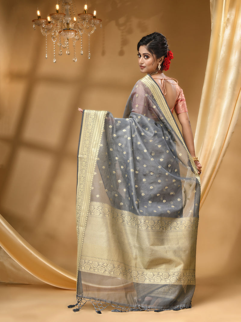 ORGANZA SILK GREY  SAREE WITH All Over Beautiful Floral Jacquard Weave Design