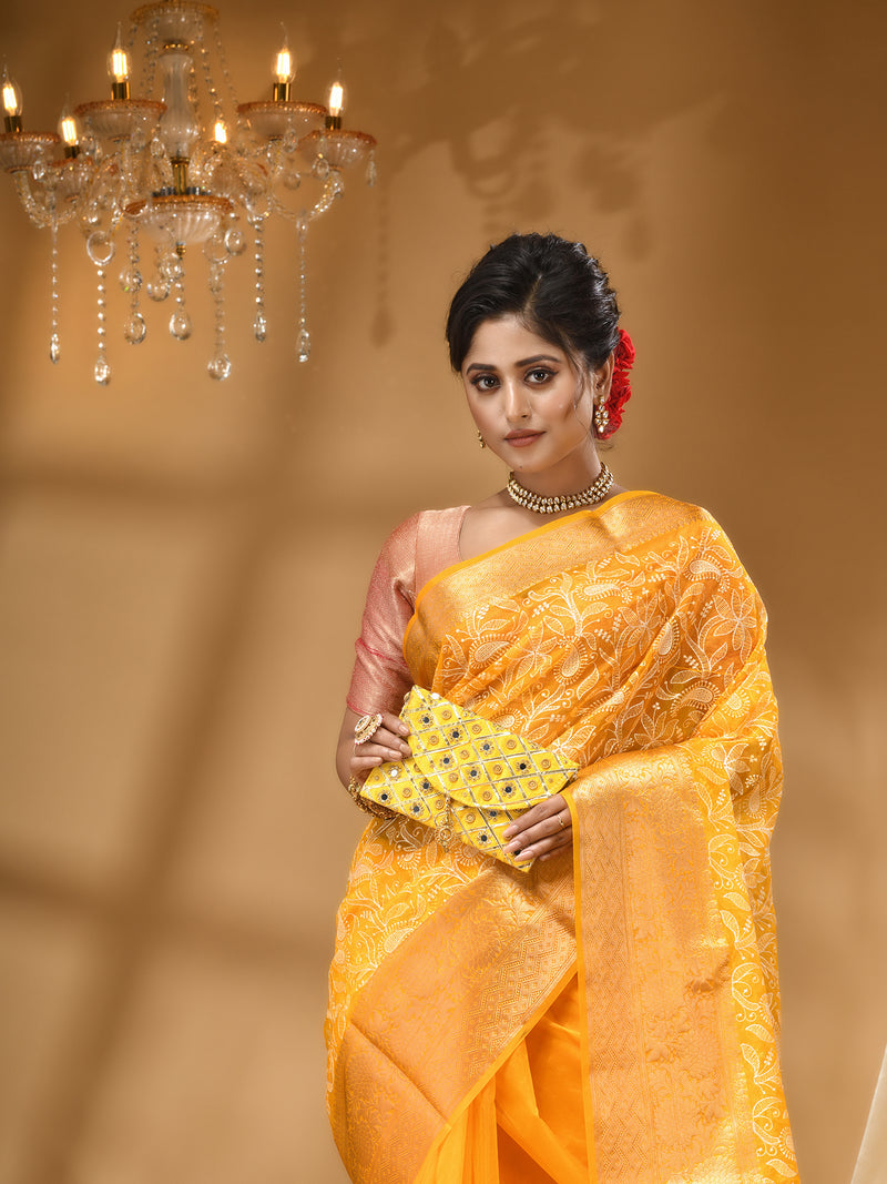 PREMIUM CHIKANKARI GOLD SAREE WITH All Over Beautiful Floral Jacquard Weave Design