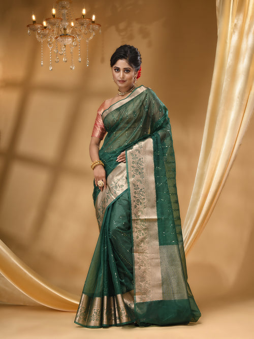 DESIGNER BOLLYWOOD BOTTLE GREEN SAREE WITH All Over Beautiful Floral Jacquard Weave Design