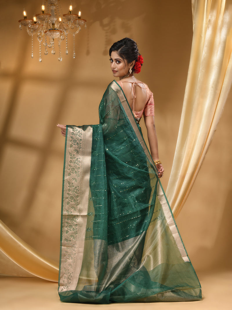 DESIGNER BOLLYWOOD BOTTLE GREEN SAREE WITH All Over Beautiful Floral Jacquard Weave Design