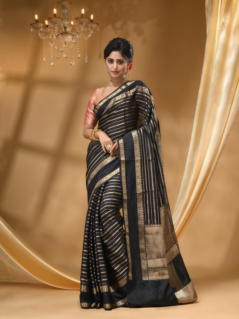 WARM SILK  BLACK  SAREE WITH All Over Beautiful Floral Jacquard Weave Design