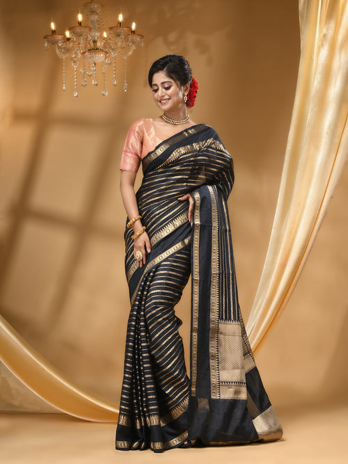 WARM SILK  BLACK  SAREE WITH All Over Beautiful Floral Jacquard Weave Design
