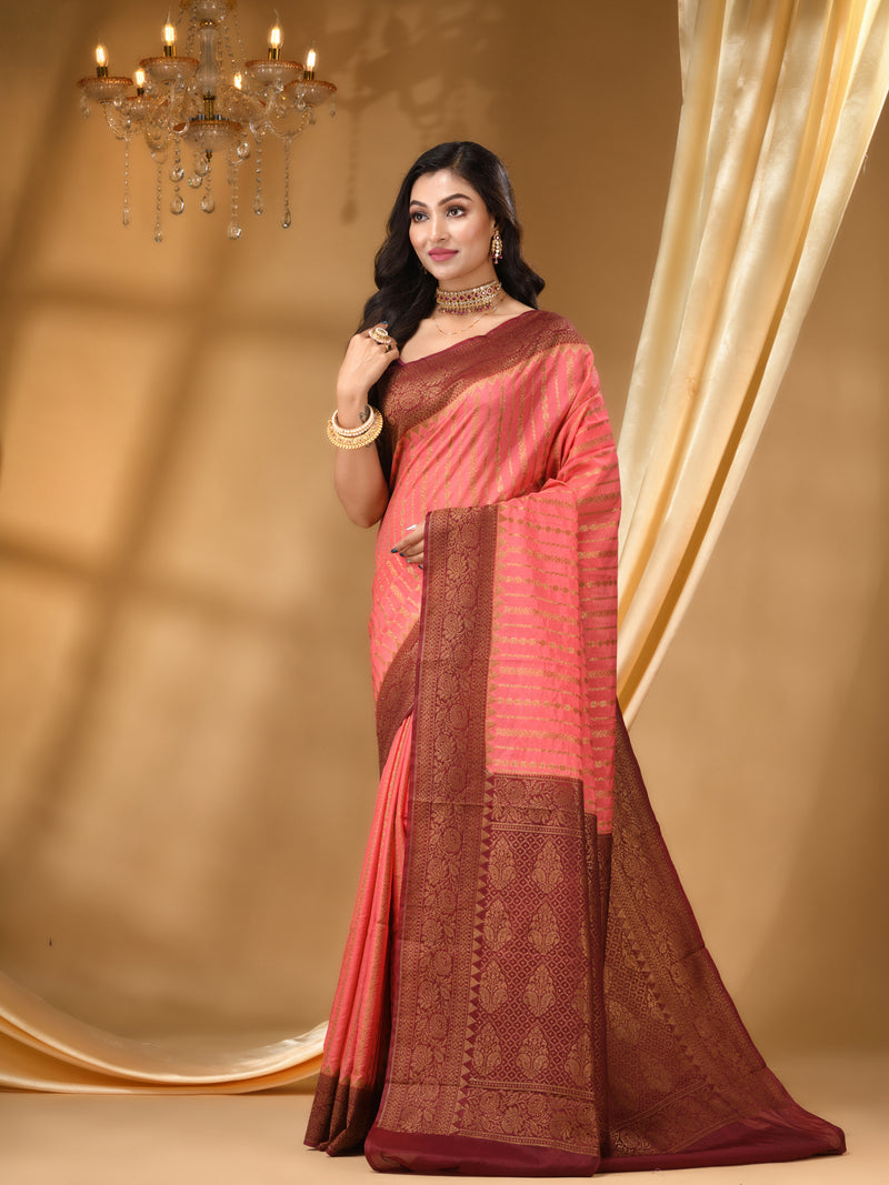3D DUPPION SILK PEACH SAREE WITH All Over Beautiful Floral Jacquard Weave Design