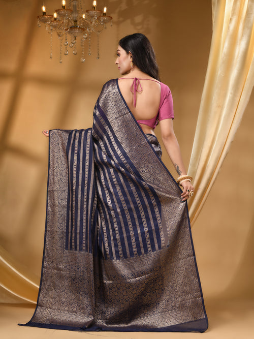 WARM SILK NAVY BLUE  SAREE WITH All Over Beautiful Floral Jacquard Weave Design