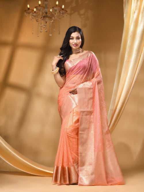 DESIGNER BOLLYWOOD PEACH SAREE WITH All Over Beautiful Floral Jacquard Weave Design