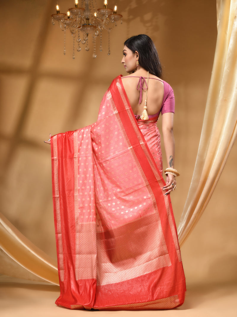 WARM SILK PEACH SAREE WITH All Over Beautiful Floral Jacquard Weave Design