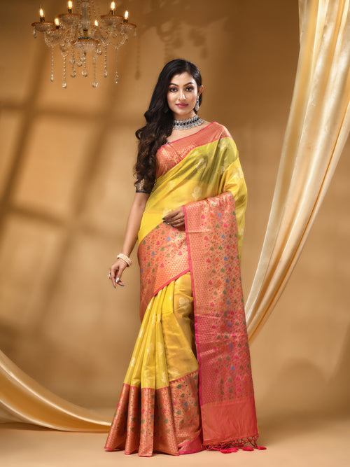 ORGANZA SILK LEMON YELLOW  SAREE WITH All Over Beautiful Floral Jacquard Weave Design