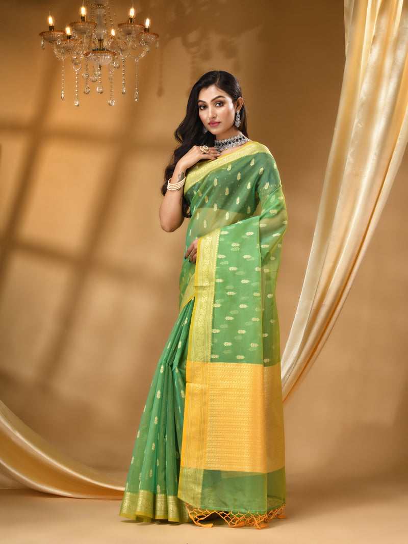ORGANZA SILK LIGHT GREEN SAREE WITH All Over Beautiful Floral Jacquard Weave Design