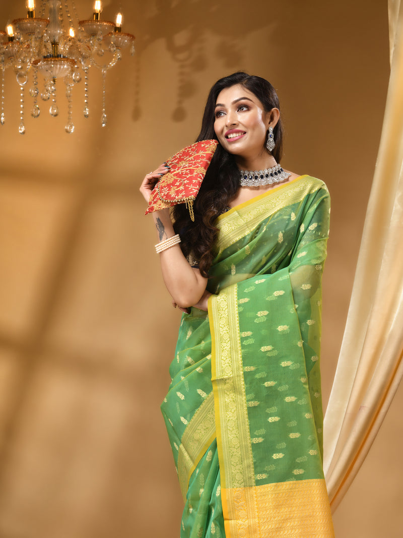 ORGANZA SILK LIGHT GREEN SAREE WITH All Over Beautiful Floral Jacquard Weave Design