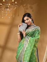 ORGANZA SILK  GREEN SAREE WITH All Over Beautiful Floral Jacquard Weave Design