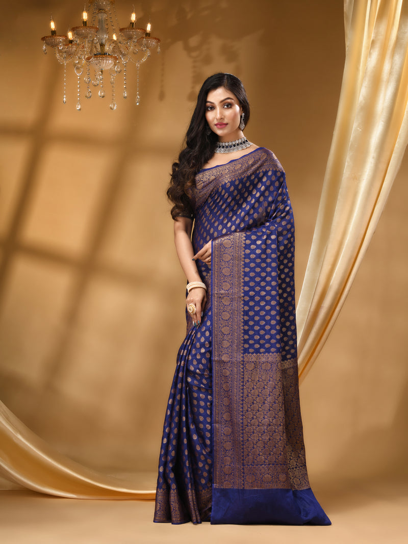 BANARASI GEORGETTE NAVY BLUE  SAREE WITH All Over Beautiful Floral Jacquard Weave Design