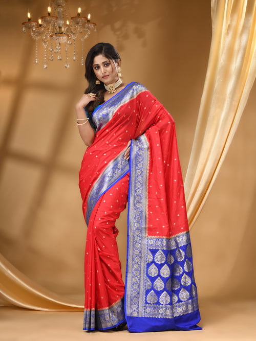 HANDLOOM KATAN SILK RED SAREE WITH All Over Beautiful Floral Jacquard Weave Design