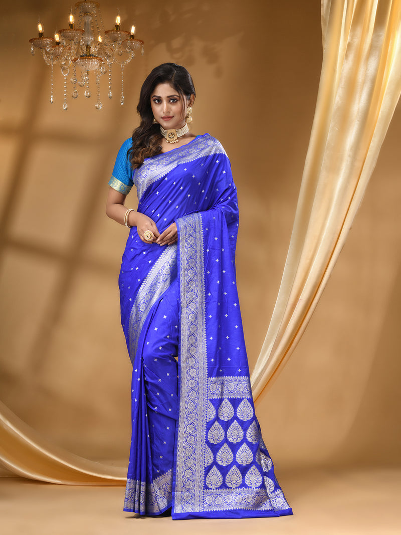 HANDLOOM KATAN SILK ROYAL BLUE  SAREE WITH All Over Beautiful Floral Jacquard Weave Design