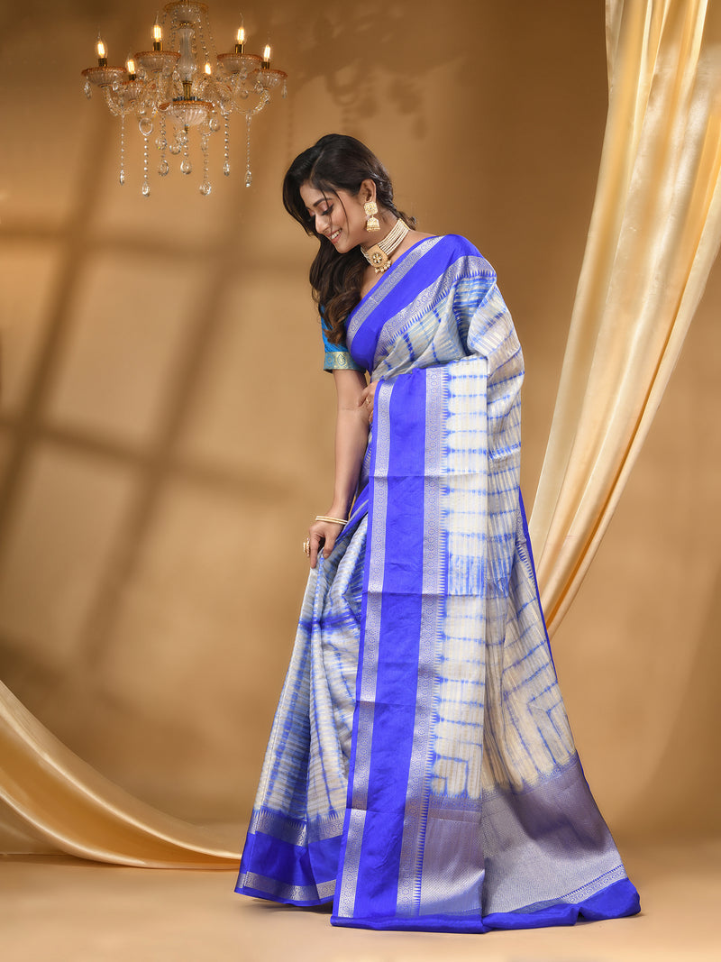 SHIBORI DYE WARM SILK ROYAL BLUE SAREE WITH All Over Beautiful Floral Jacquard Weave Design
