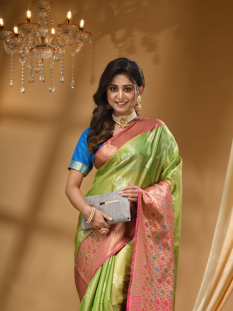 ORGANZA SILK PISTA GREEN SAREE WITH All Over Beautiful Floral Jacquard Weave Design