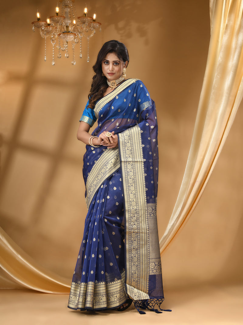 ORGANZA SILK NAVY BLUE  SAREE WITH All Over Beautiful Floral Jacquard Weave Design