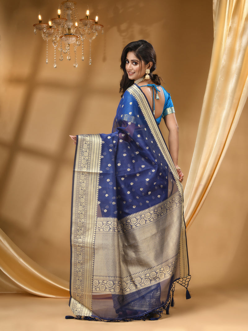 ORGANZA SILK NAVY BLUE  SAREE WITH All Over Beautiful Floral Jacquard Weave Design
