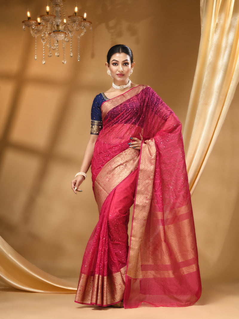 DESIGNER BOLLYWOOD STRAWBERRY RED SAREE WITH All Over Beautiful Floral Jacquard Weave Design