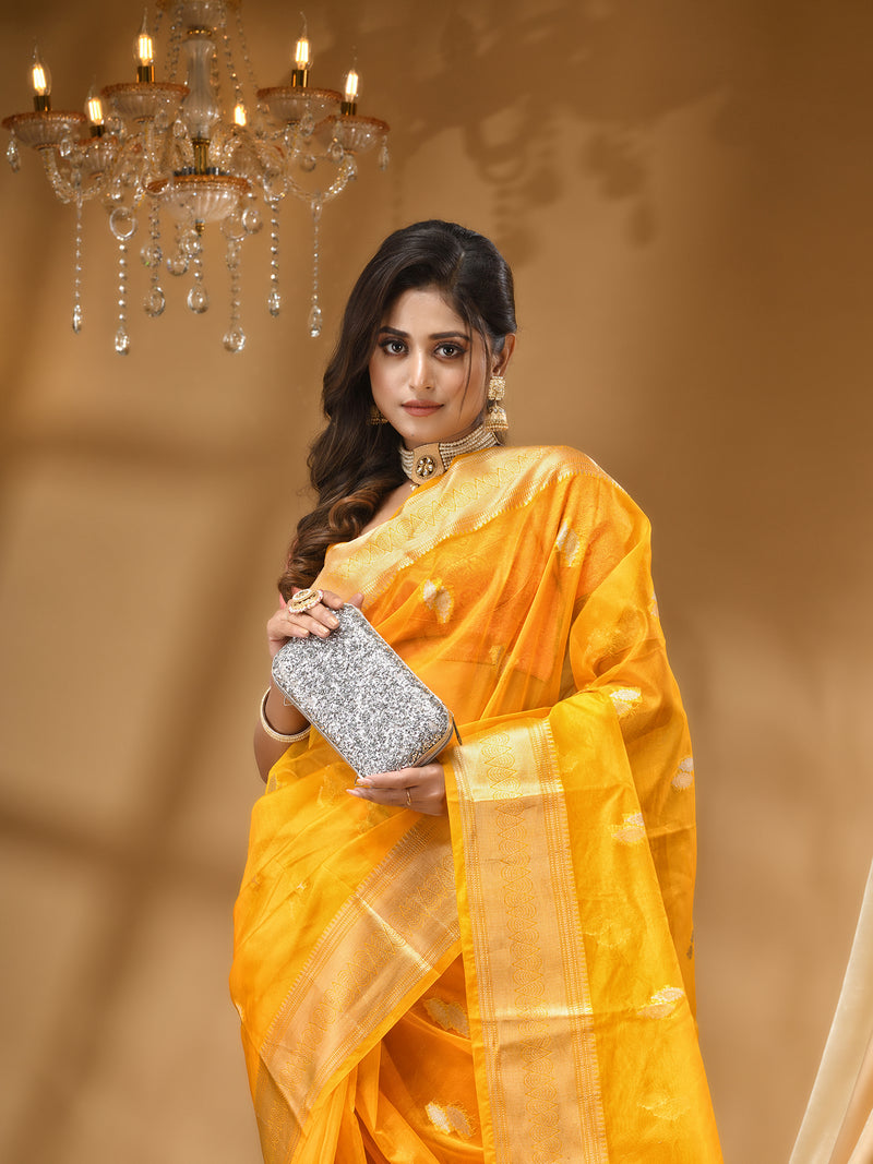 BANARASI GEORGETTE GOLD SAREE WITH All Over Beautiful Floral Jacquard Weave Design