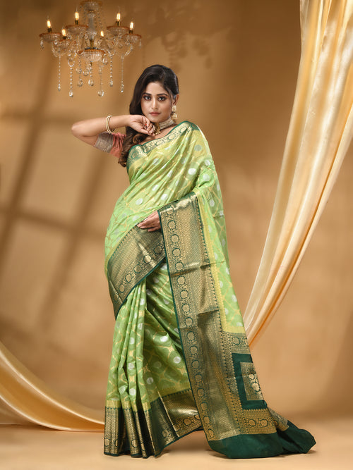 BANARSI GEORGETTE PISTA GREEN SAREE WITH All Over Beautiful Floral Jacquard Weave Design