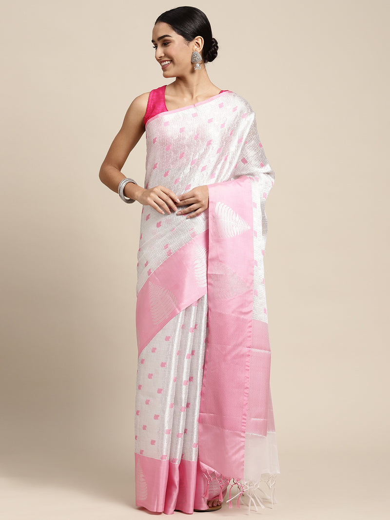 White With Pink Border Kanjivaram Silver Zari Saree With Pink Border