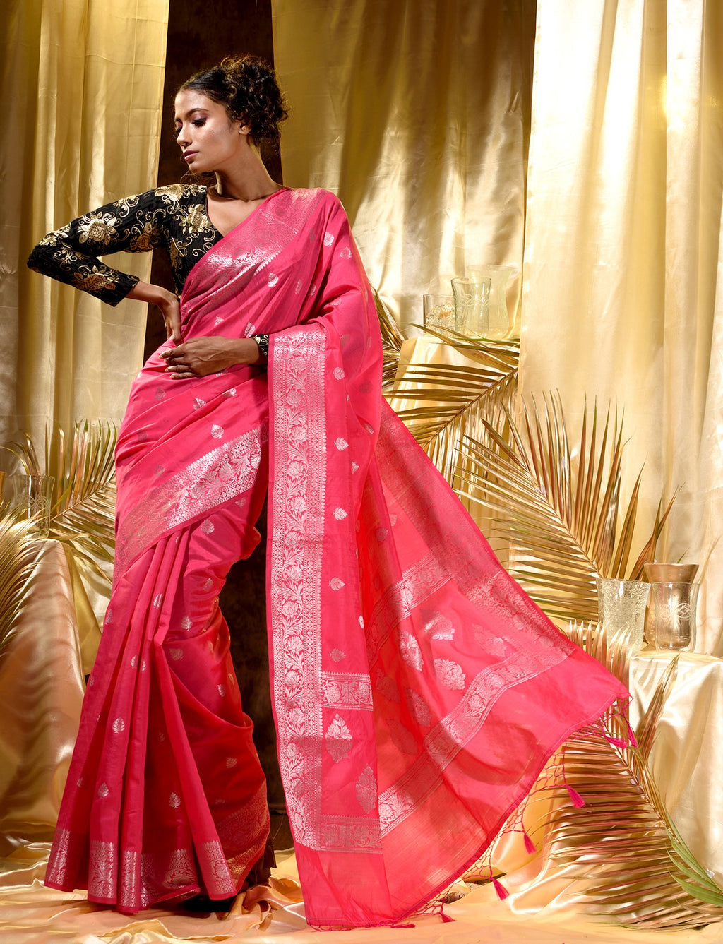 Peach Soft Silk Latest Banarasi Saree and Silver Zari Weaving With Blo –  Amirat