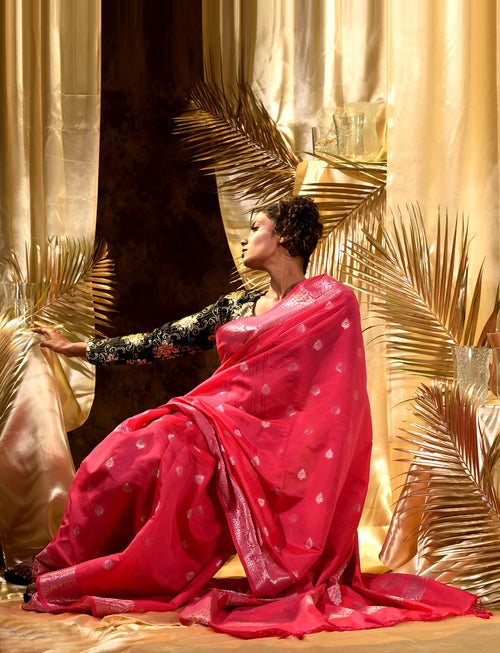 Pink With Silver Zari Woven Banarasi Silk Saree With Beautiful Jacquard Woven Zari Buti And Border