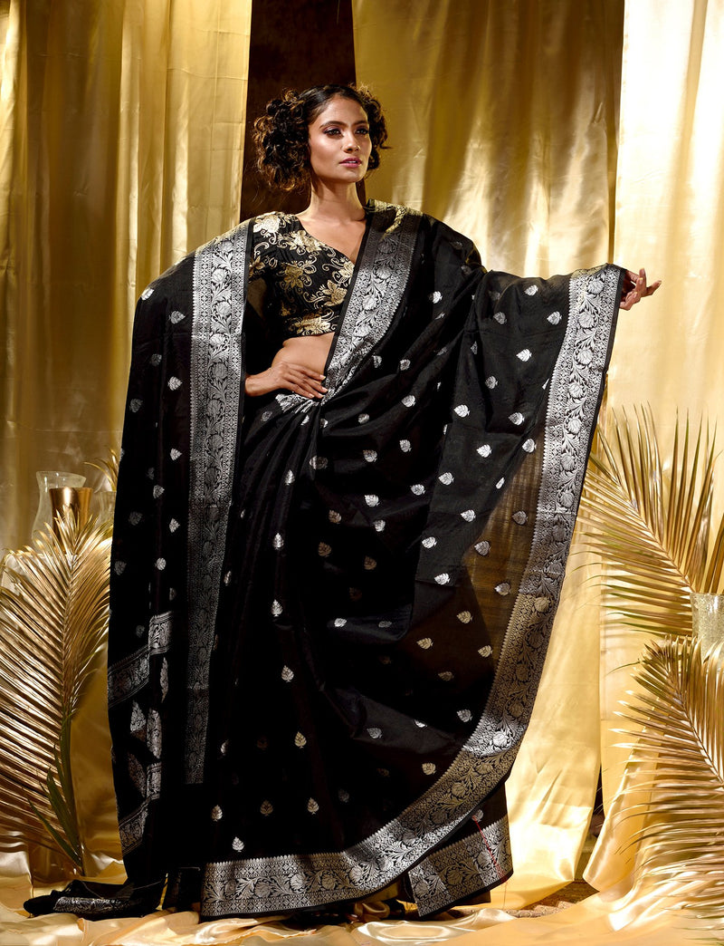 Black With Silver Zari Woven Banarasi Silk Saree With Beautiful Jacquard Woven Zari Buti And Border