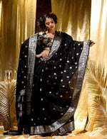 Black With Silver Zari Woven Banarasi Silk Saree With Beautiful Jacquard Woven Zari Buti And Border