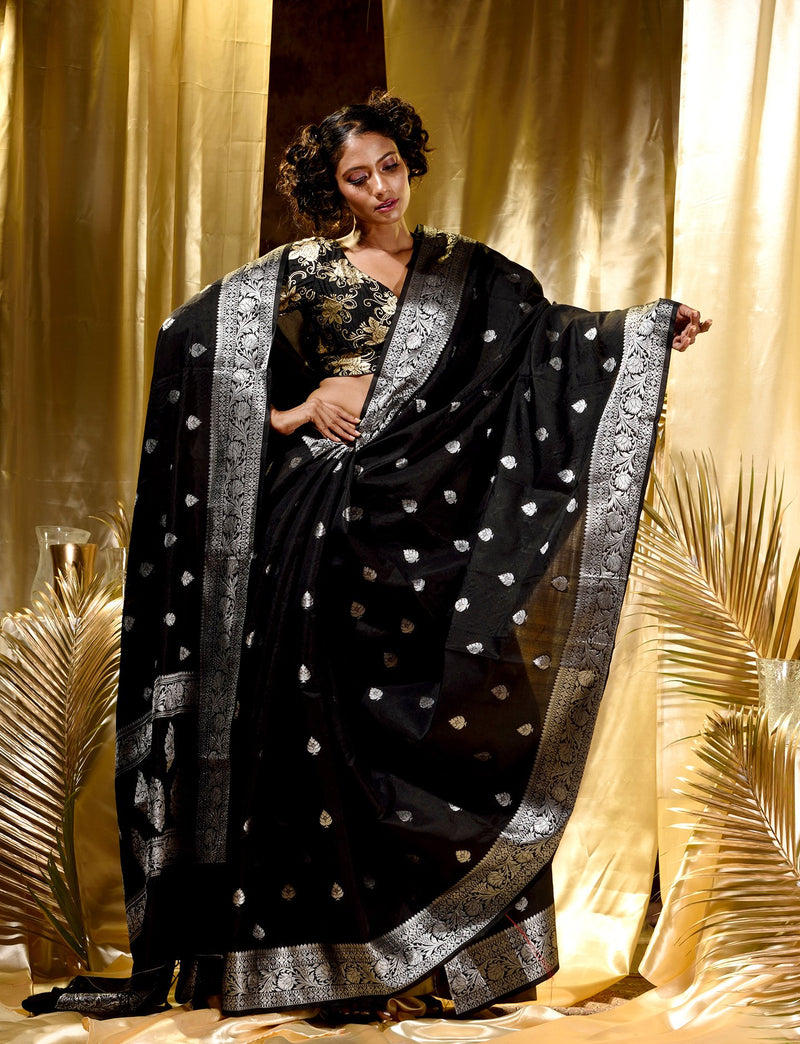 Black colour pure linen saree in silver border