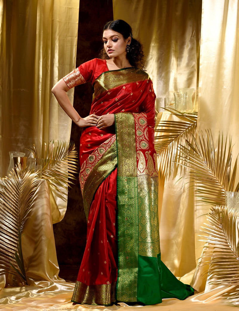 Buy Cream Tussar Banarasi Saree Online in USA| Red Green Zari Border – Pure  Elegance
