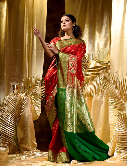 Red With Green Satin Silk Solid Banarasi Saree With Beautiful Embroidery And Stone Work In Body And Border
