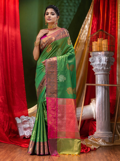 Banarasi Silky Green Saree With Antique Buta